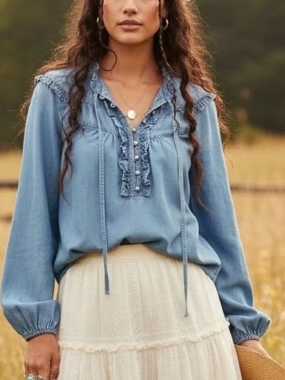 Anthropologie Maeve Blue Ruffled Long Sleeve Blouse sz M